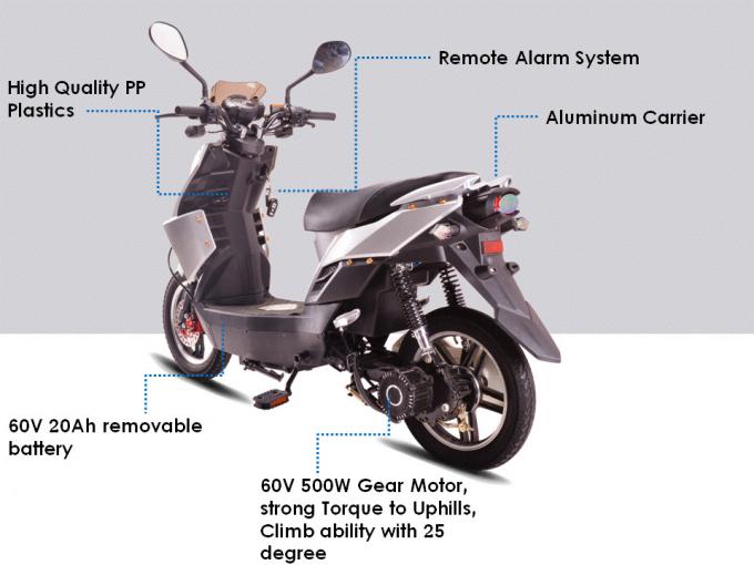 35 mph Electric 2 Wheel Scooter Gear motor strong climb ability 500W 60V With Alarm System